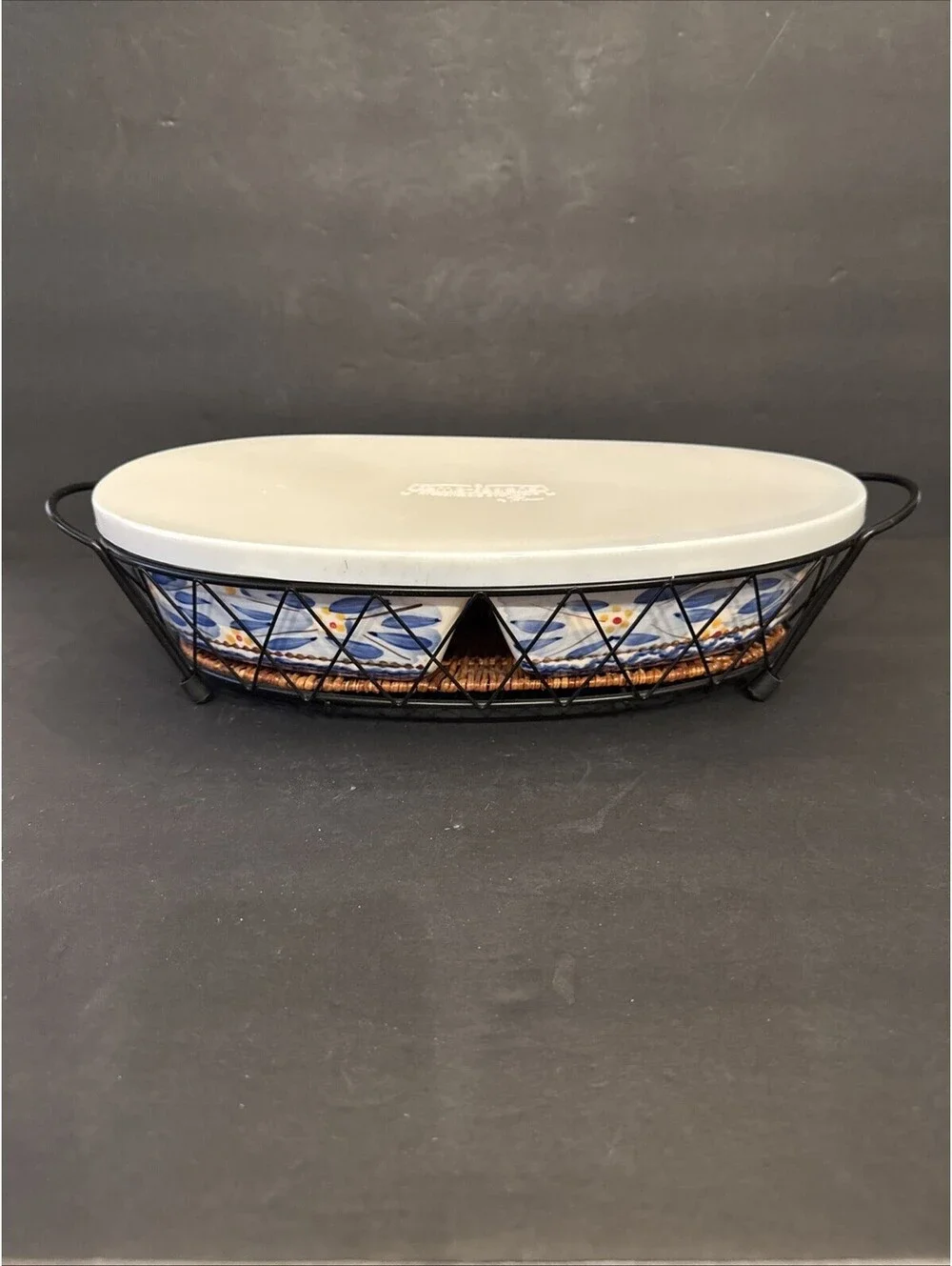 Temptations By Tara Old World Blue 2 Qt Divided Covered Casserole W Metal Stand